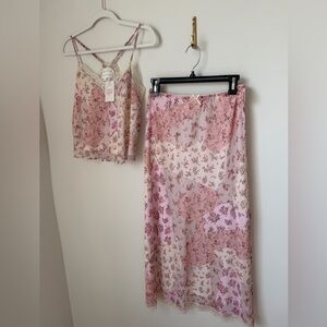 Pink rose Pink Floral lace tank top and maxi Skirt two piece set